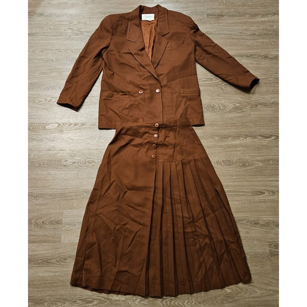 Vintage Christian Dior The Suit Womens 14 Brown Blazer Pleated Skirt Set